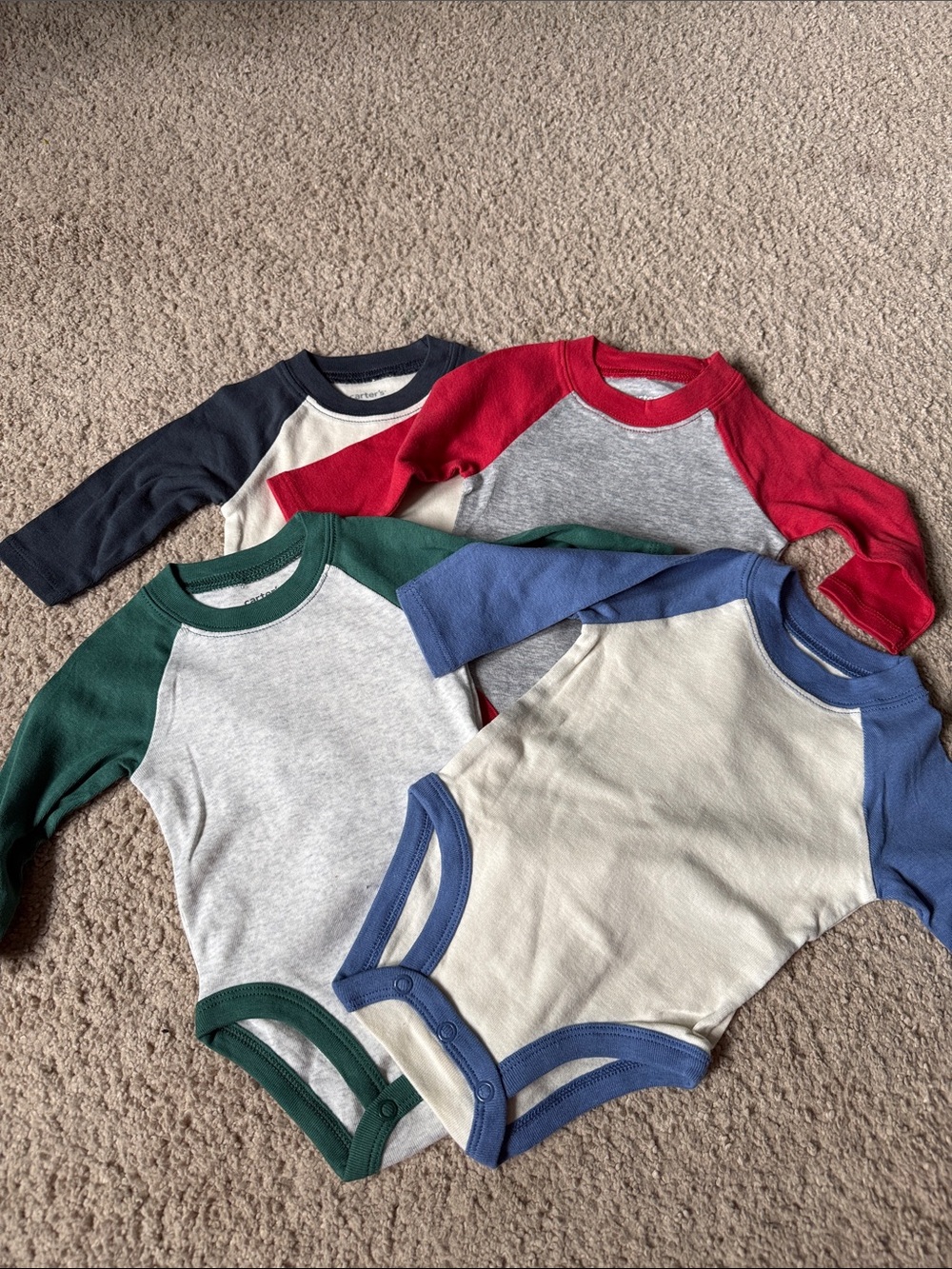 Set of 4 Baby baseball style Bodysuits - Red, Navy, Green, Blue Trim size 3 mon